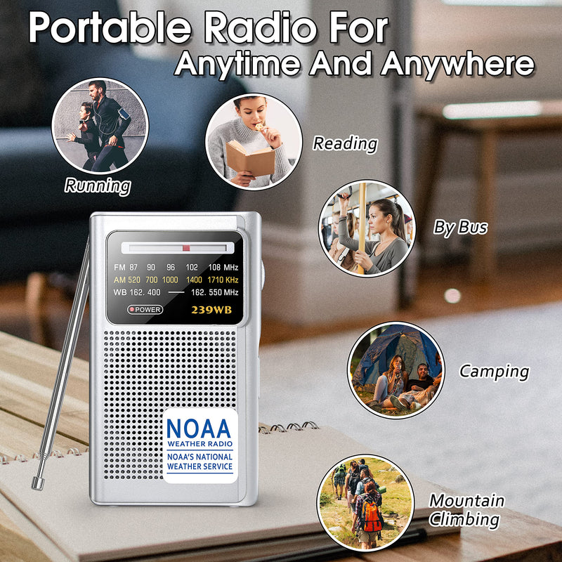 Greadio NOAA Weather Radio, AM/FM Battery Operated Transistor Portable Radio with Best Reception,Stereo Earphone Jack,Powered by 2 AA Battery for Emergency,Hurricane,Running, Walking,Home (Silver) Silver