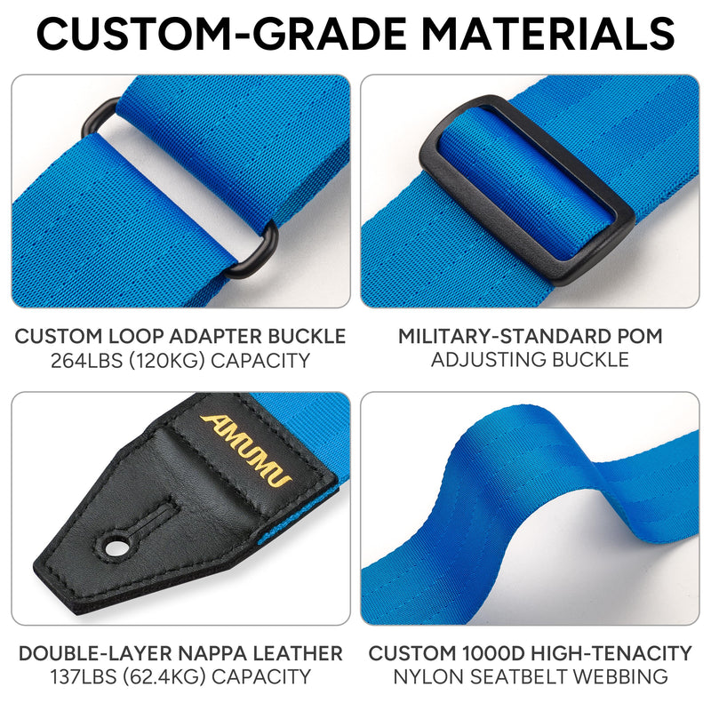 Amumu DURALINK Nylon Seatbelt Guitar Strap with Top Grain Leather Ends for Acoustic, Electric, Bass Guitar, with Quick-Fetch Pick Holder -Blue Blue