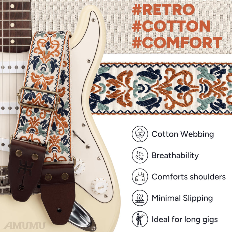 [AUSTRALIA] - Amumu Beige Brown Spades Heart Embroidery Guitar Strap - Vintage Style with Top Grain Cowhide Leather Ends & Pick Pocket - Fits Bass, Electric, Acoustic Guitars 