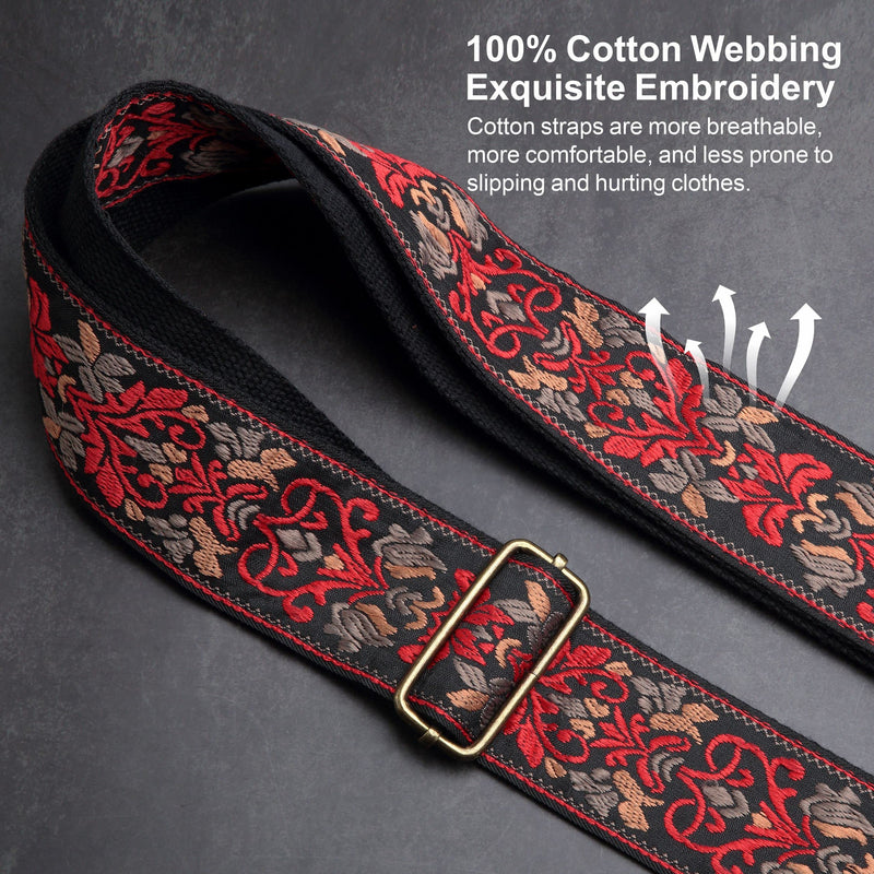 Nefelibata Guitar Strap,Jacquard Embroidery Cotton Guitar Straps with Crazy Horse Leather Leather Ends for Bass, Electric & Acoustic, Best Gifts for Kids, Guitarists(Retro Red Flower) Retro Red Flower