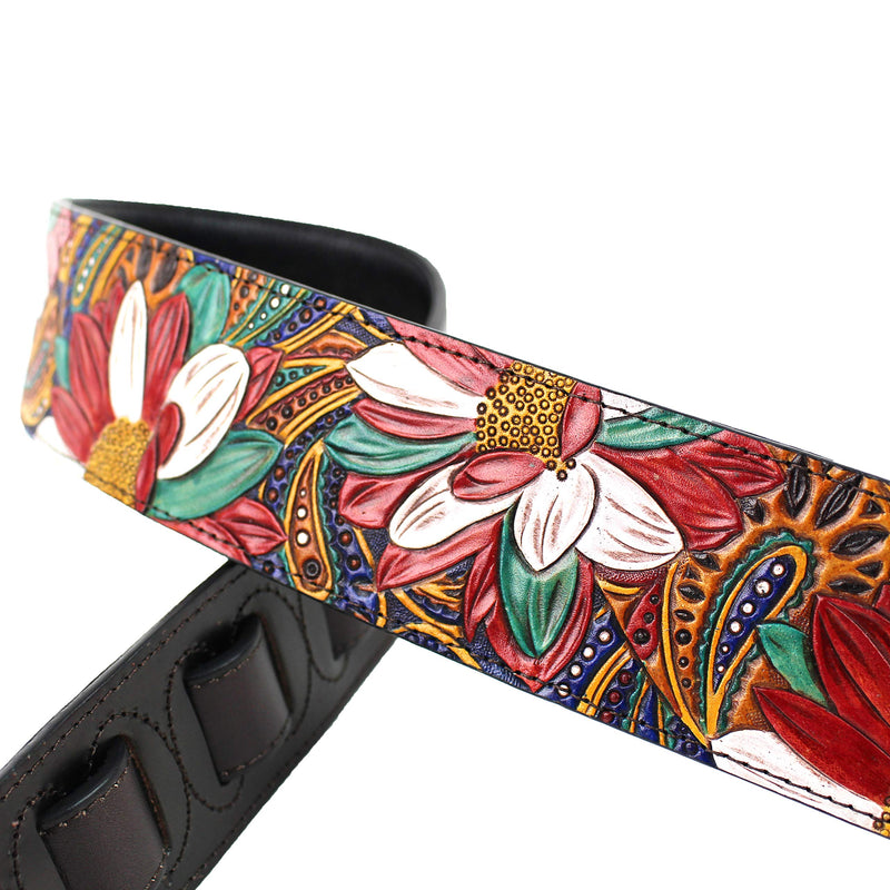 Walker And Williams LHR-20 Handmade Premium Carved Leather Guitar Strap With Carousel Red Paisley Floral Carving And Dark Brown End Caps For Acoustic, Electric, And Bass Guitars