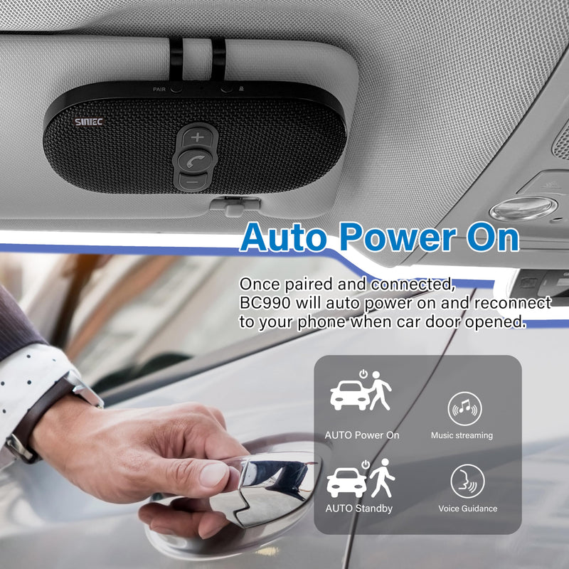 Bluetooth Car Speaker Phone: Hands Free Calling Kits 6W in car Speakerphone for Safe Driving - Support Siri Google Assistant Voice Calls/Motion Auto ON Off - BC990P