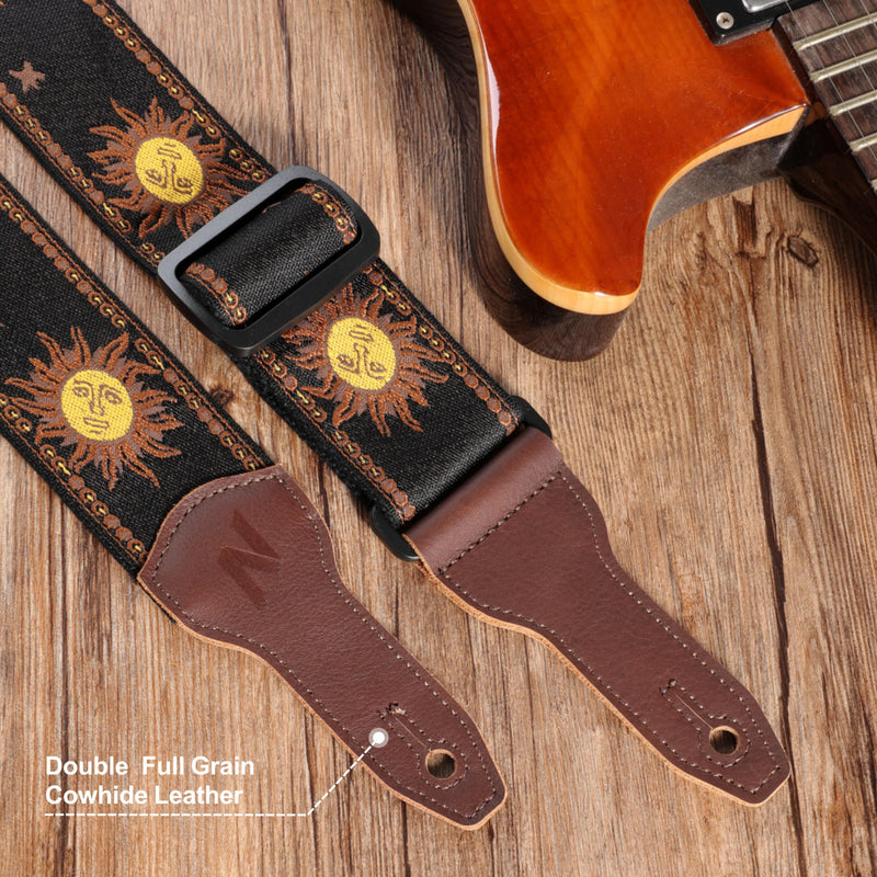 Nefelibata Banjo Strap, 2" Wide Double Full Grain Cowhide Guitar Strap Adjustable Replacement,Multi-pattern Guitar Strap With Headstock Rope and Leather Headband(Sun God Embroidery) Sun God Embroidery