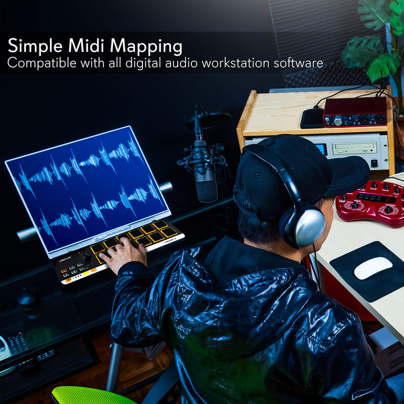 USB MIDI Controller Drum Pad - Mini Portable Beat Maker Workstation Equipment w/ 12 Drum Pads, DJ Fader Slider & Transport Buttons - Control any DAW Software Kit for Laptop Recording - Pyle PMIDIPD20