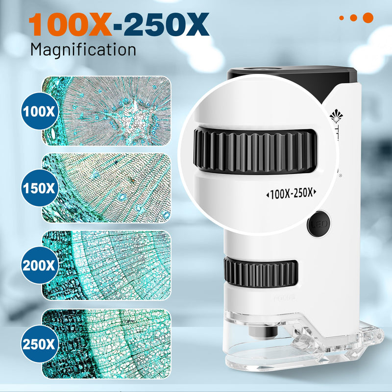 100x-250x Mini Pocket Microscope for Kids Adults, Protable Handheld Microscope with 5 Microscope Slides, Phone Adapter, Miniscope Portable Microscope Kit for Kids Adults Science Lab Education,White White