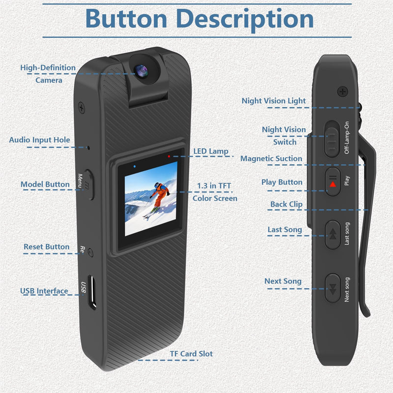 [AUSTRALIA] - 64GB Wearable Camera, Body Camera with Audio and Video Recording, 1080P Mini Portable Action Cam with 180° Rotating Lens & Night Vision for Police Law Enforcement, Cycling, Motorcycle, Sports, Travel 