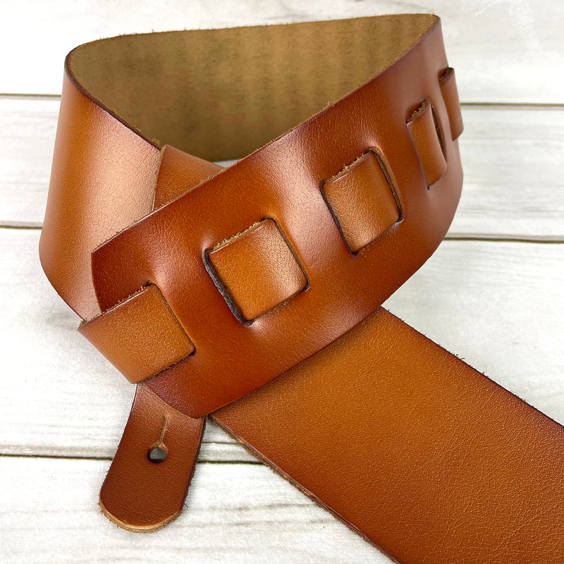 Walker & Williams SL-316 Premium Extra Wide 3" Saddle Tan Full Grain Leather Natural Finish Guitar Strap For Acoustic, Electric, And Bass Guitars