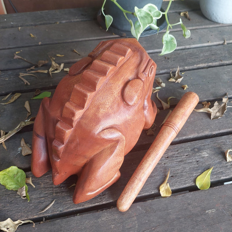 Extra Large 9" Wood Frog Guiro Rasp Percussion Instrument Tone Block Wooden Good Luck Frog Animal Shaped Figurine Handcraft Musical Instruments from Thailand Home Office Decoration (Tan) Tan
