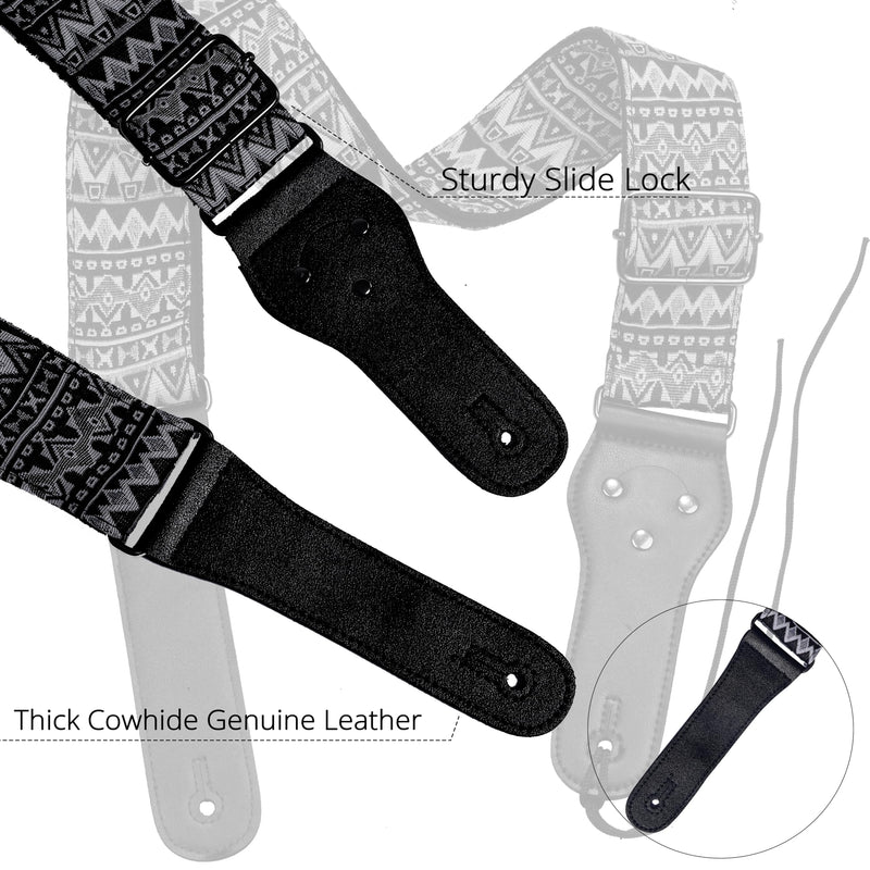 Guitar Strap,Vintage Woven Cotton Guitar Straps With Genuine Leather Ends for Bass,Electric & Acoustic Guitars Includes Strap Button,Strap Locks And Guitar Picks