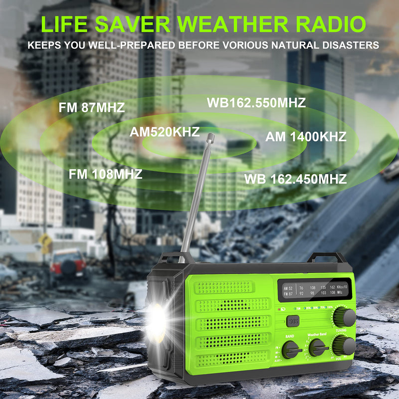 Emergency Weather Radio,8000mAh AMFM NOAA Weather Alert Radio,Solar Hand Crank Powered Radio with Super Bright Flashlight,Phone Charger,SOS Alarm,Compass for Survival, Hurricane,Outdoor, Emergency Green