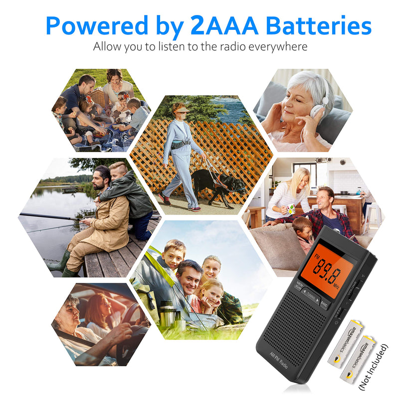 [AUSTRALIA] - AM FM Portable Radio Personal Radio with Excellent Reception Battery Operated by 2 AAA Batteries with Stero Earphone, Large LCD Screen, Digtail Alarm Clock Black 