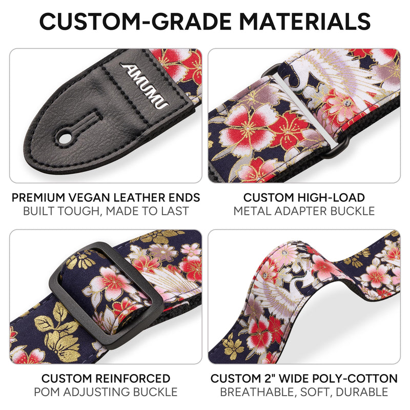 Amumu Guitar Strap – 2" Peony & Crane Pattern, Microfiber Leather Ends, for Acoustic, Electric, Bass Guitars, Adjustable 36" - 63" Peony Crane