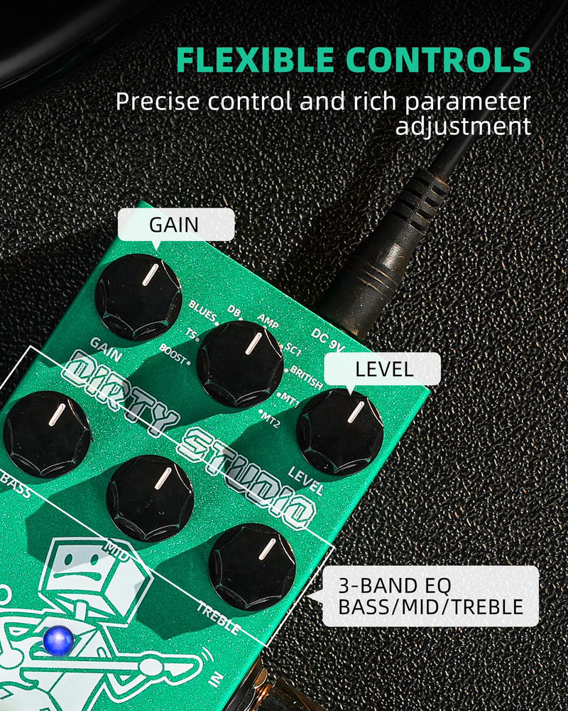 LEKATO Boost Distortion Overdrive Digital Guitar Effect Pedal with 9 Tones, 3-band EQ, True Bypass, Combo Clean Pedal for Electric Guitar Green Boost Distortion