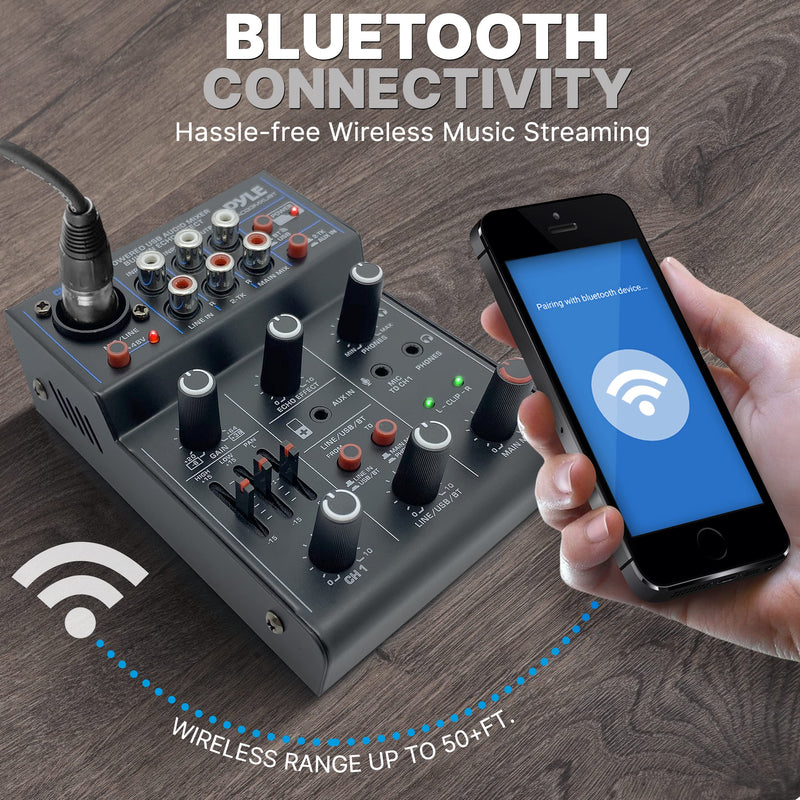 Pyle Professional Wireless DJ Audio Mixer- 3-Channel Bluetooth DJ Controller Sound Mixer w/USB Audio Interface, Combo Jack XLR+6.35mm Mic/Line/Guitar In, 3.5mm, RCA, AUX, Headphone Jack- PAD33MXUBT.5
