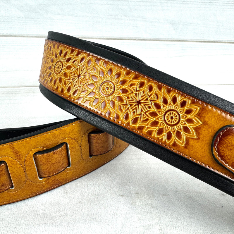 Walker & Williams GB-34 Latigo Tan Padded Leather Strap with Zodiac Star Pattern For Acoustic, Electric, And Bass Guitars