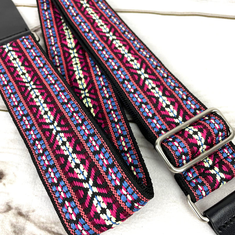 [AUSTRALIA] - Walker And Williams H-19-M Vintage Series Guitar Strap Red, Blue & Cream Yucatan Style Weave With Thick Leather Ends For Acoustic, Electric, And Bass Guitars 