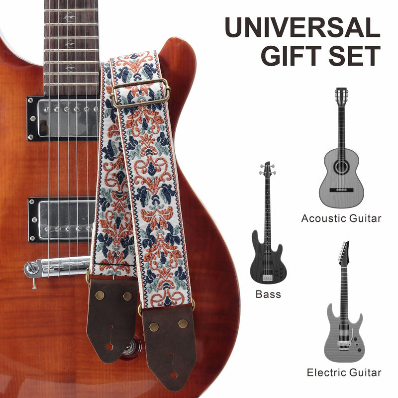 Nefelibata Guitar Strap,Jacquard Embroidery Cotton Guitar Straps with Crazy Horse Leather Ends for Bass, Electric & Acoustic, Best Gifts for Kids, Guitarists(Golden Jacquard) Retro Golden Jacquard