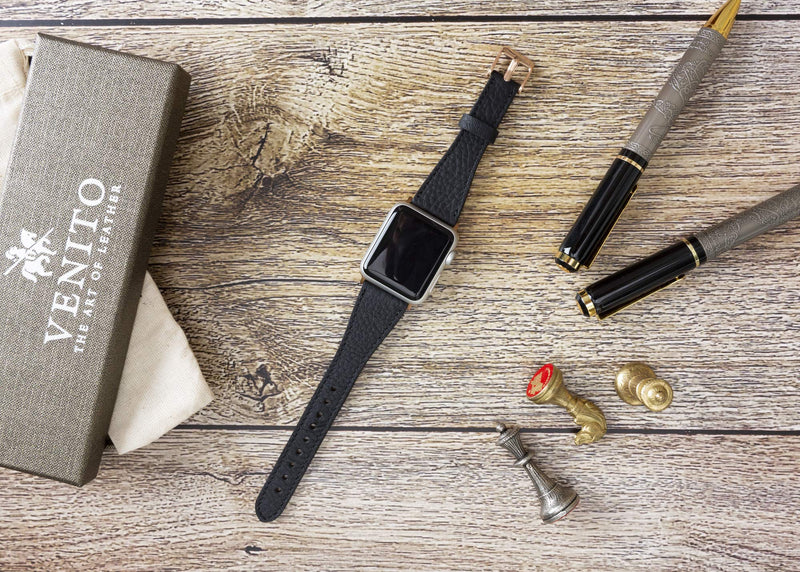 Venito Messina Leather Slim Watch Band Compatible with Apple Watch Ultra 2 / Ultra Series 9 8 7 6 5 4 3 2 1 SE 49mm 45mm 44mm 42mm 41mm 40mm 38mm Tiana Brown w/Rose Gold Connector&Clasp 49mm/45mm/44mm/42mm