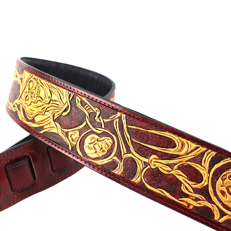 Walker And Williams LHR-45 Handmade Blood Red Premium Carving Leather Guitar Strap With Bright Gold Barbed Skull Carving And Padded Leather Back For Acoustic, Electric, And Bass Guitars