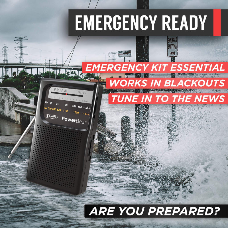 PowerBear Portable Radio | AM/FM, 2AA Battery Operated with Long Range Reception for Indoor, Outdoor & Emergency Use | Radio with Speaker & Headphone Jack (Black) Black