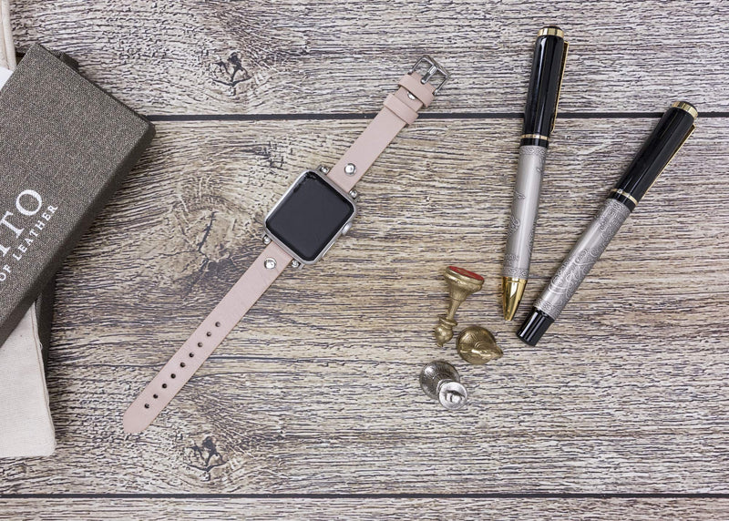 Venito Perugia Leather Band for Apple Watch Band 49mm 45mm 44mm 42mm 41mm 40mm 38mm Women Men, Top Grain Genuine Leather Replacement Strap for iWatch Ultra2 Ultra SE2 SE Series 9 8 7 6 5 4 3 2 1 Nude Pink w/Silver Connector & Clasp 5.5"-8.0" (140-200mm)