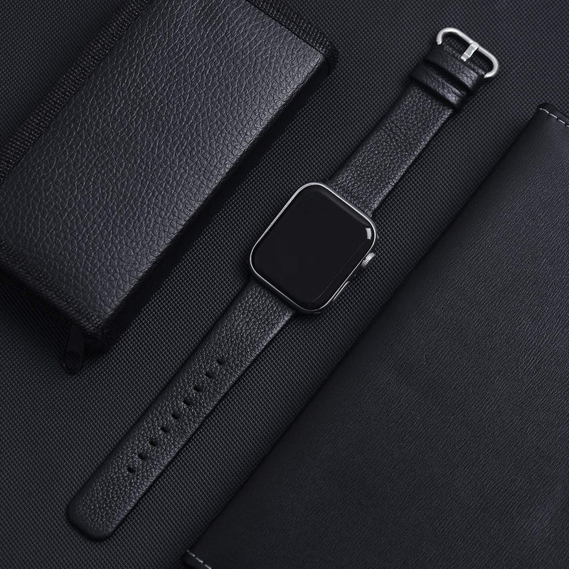 Fullmosa No-Tool Needed Band Compatible Apple Watch Band with Case 49mm 45mm 44mm 42mm Silver & Leather Apple Watch Band Strap with Silver Buckle 44mm 42mm 45mm Black