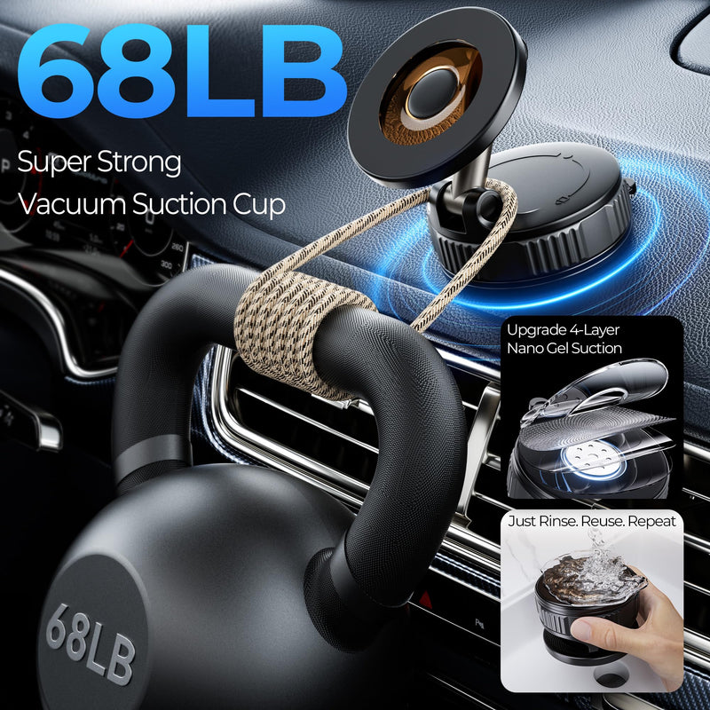 Vacuum Magnetic Suction Phone Holder, 360° Adjustable Suction Cup Phone Mount for Car/Gym/Mirror/Shower, Hands-Free Car Phone Holder, Compatible with iPhone Android and All Smartphones Black