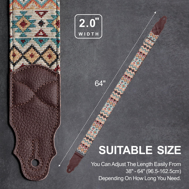 [AUSTRALIA] - Guitar Strap, Head Layer Cowhide Leather End, 2 Inches Wide, for Acoustic and Bass Electric Guitars, Free Button, 2 Strap Locks and 4 Guitar Picks Light Boho 