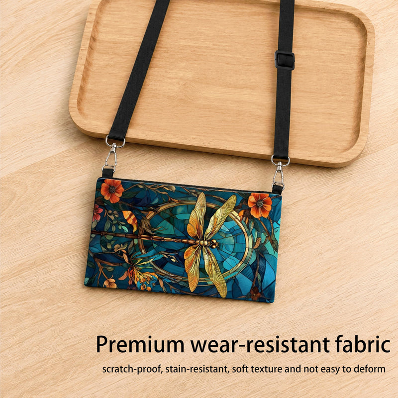 Dragonfly Golden Line Art Phone Case, 2D Flat Fabric Crossbody Pouch | Adjustable Strap, Phone Wallet