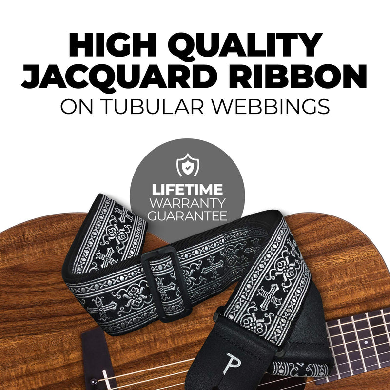 [AUSTRALIA] - Perri’s Leathers Jacquard Guitar Straps - Adjustable Length 39" to 58", Genuine Leather Ends, Silver Cross Design, Electric, Bass, Acoustic Guitar Strap - Metallic Silver 