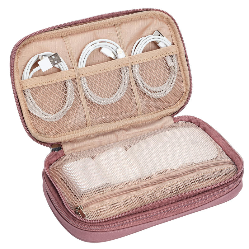 NISHEL Travel Cord Organizer Case, Double Layers Tech Electronic Case, Travel Essentials for Charger, Cable, Phone, Flash drive, Rose-wood Pink Double layer