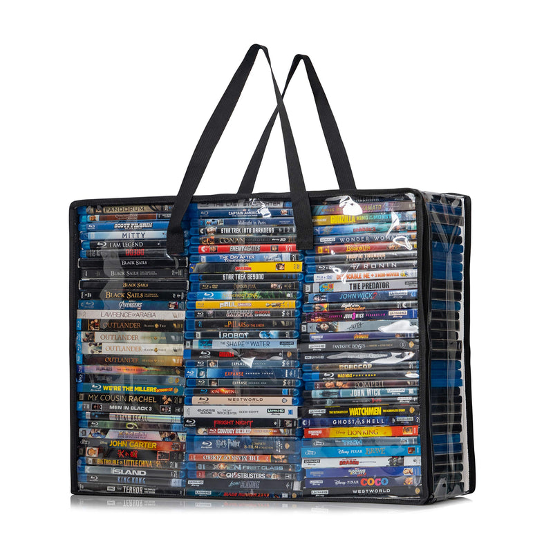 [AUSTRALIA] - Besti Blu Ray Case Holder Organizer, Set of 2 Clear Plastic Bags with Handles for Storing Blurays, DVDs, CDs, Storage Bags for Video Game Cases, Holds Up to 90 Bluray and 60 DVD Cases (Black) Black 