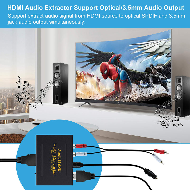 4K HDMI Audio Extractor Splitter, avedio links 1080P HDMI to HDMI Audio Converter + Optical Toslink SPDIF + RCA L/R Stereo Analog Audio, HDMI Audio Adapter for Fire Stick, Blu-Ray Player