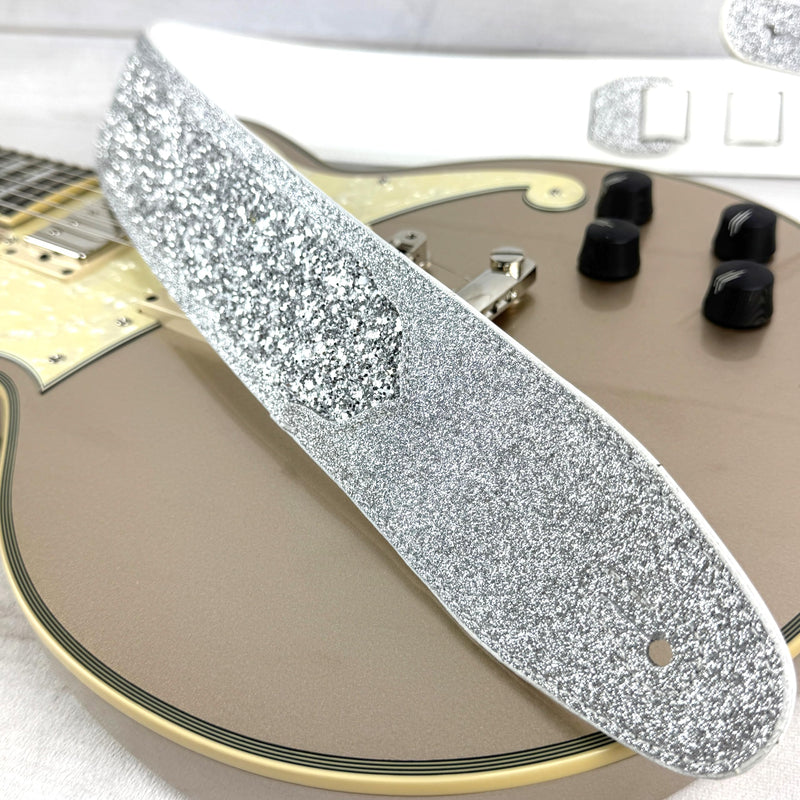 Walker & Williams WW-GL-108 Aria Glow Silver Super Sparkle Glitter Bomb Padded Guitar Strap White Glove Leather Back For Acoustic, Electric, And Bass Guitars