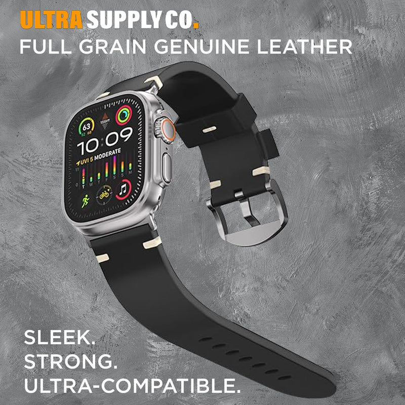 Ultra Supply Co. Leather Band Compatible for Apple Watch Ultra 3, 2, Ultra 49mm & Older Versions - Genuine Top Grain Leather Strap Black