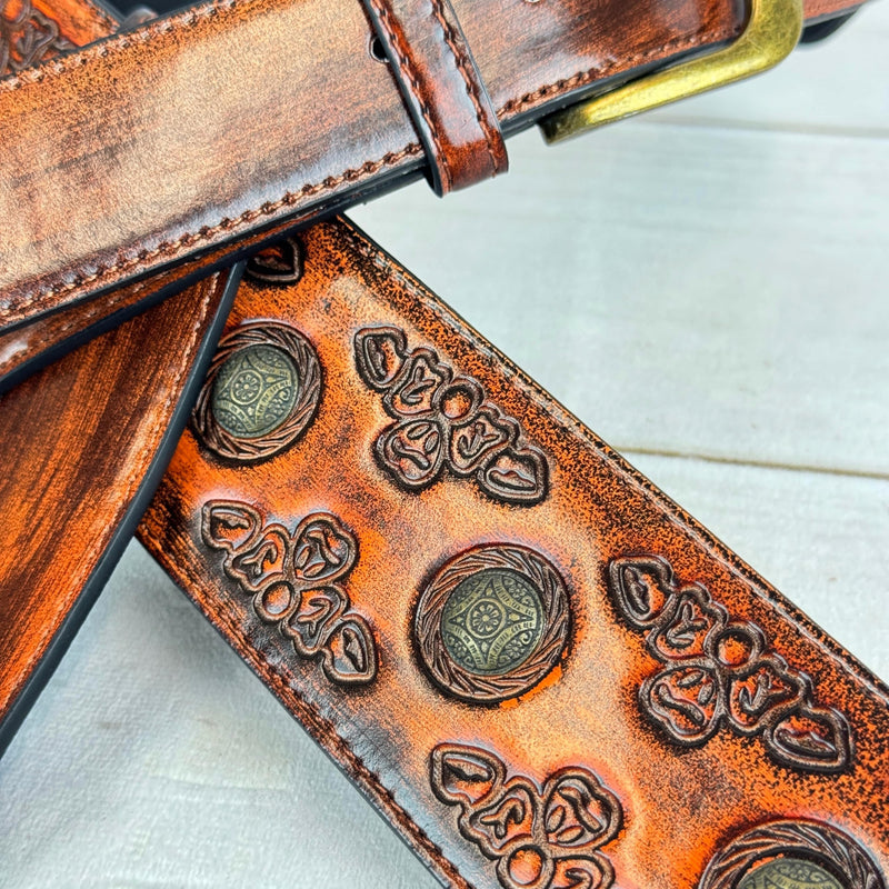 Walker & Williams GE-202 Antique Amber Tan Padded Guitar Strap with Brass Coin Studs, Brass Buckle, And Celtic Tooling For Acoustic, Electric, And Bass Guitars