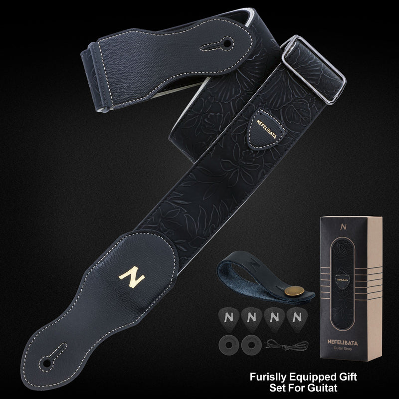 Nefelibata Guitar Strap with Pick Pocket,2.3 inch Porter Style Leather Carving Guitar Straps,60s Vintage Style?Black? E# - Black