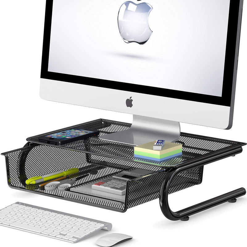 SimpleHouseware Metal Monitor Stand Riser with Drawer + Mesh Monitor Riser with Drawer