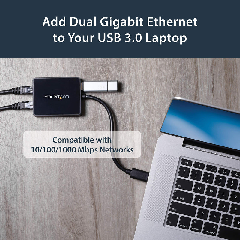 StarTech.com USB 3.0 to Dual Port Gigabit Ethernet Adapter w/USB Port - 10/100/100 - USB Gigabit LAN Network NIC Adapter (USB32000SPT) Black