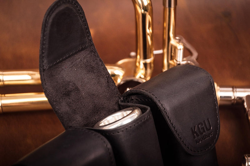 Trombone/Euphonium MOUTHPIECE HOLDER. Genuine leather carrying bag. Compact Mouthpiece Holder. Protection Case for Trombone/Euphonium Mouthpiece. Gift Idea Trombonist (Triple, Black) Triple