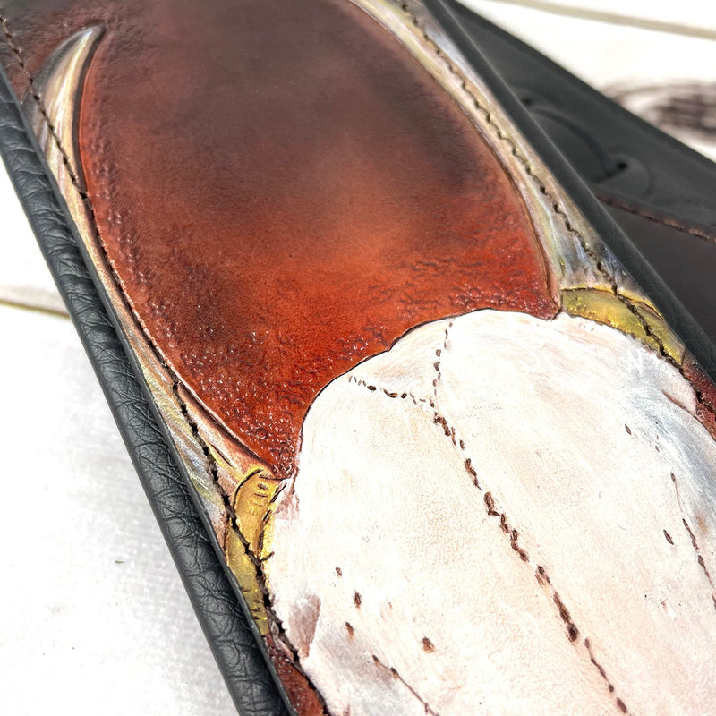 Walker And Williams KB-62 Handmade Carved Longhorn Skull Guitar Strap On Bourbon Brown Leather For Acoustic, Electric, And Bass Guitars