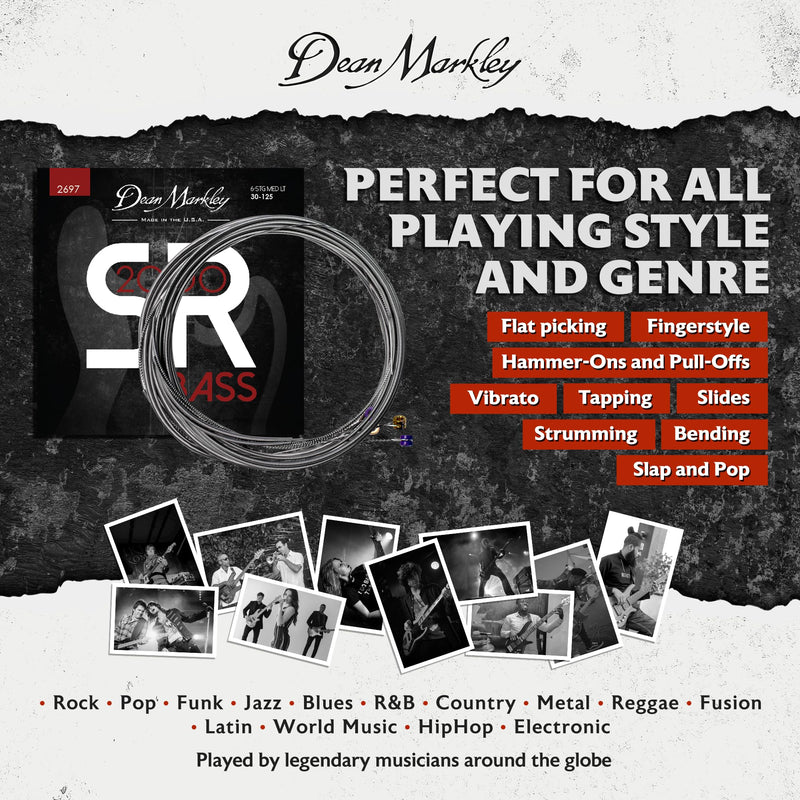Dean Markley SR2000 Stainless Steel Bass Guitar Strings 6 String Set, 30-125 Medium Light 6 String Bass Guitar, Silky Smooth Bass Strings with Long Lasting and Full Tone, Made in the USA