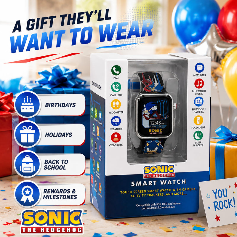 Accutime SEGA Sonic the Hedgehog Black Adult Smartwatch for Men, Women, Unisex - Touchscreen Camera, Weather, Messaging, Sports, Music, Heart Rate Monitor, Pedometer & More (Model: SNC4352M)