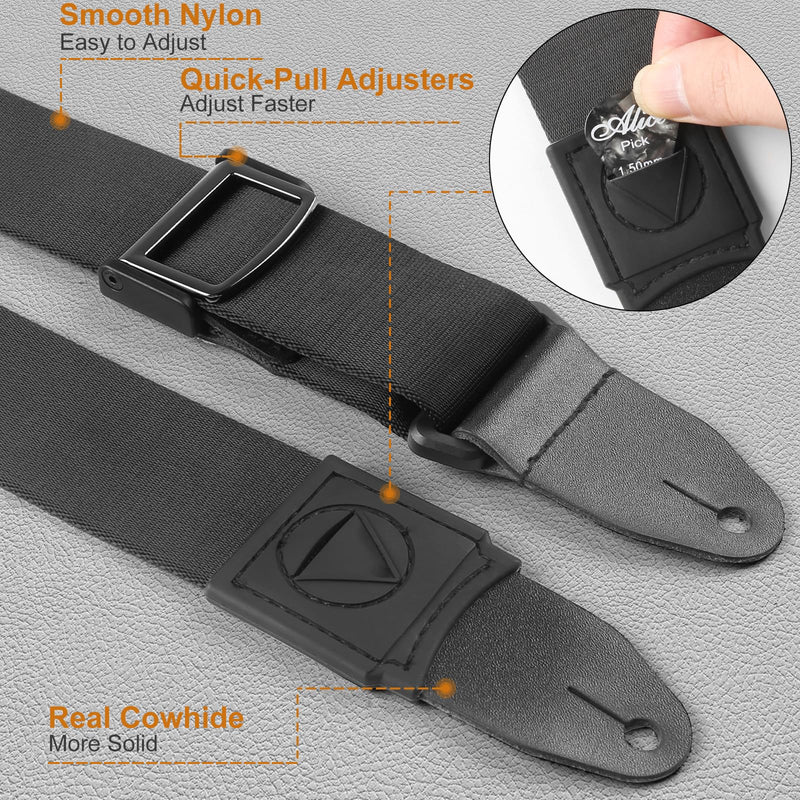 Guitar Strap, Silicone padded non-slip guitar straps with Guitar Plectrum Integrated Slot and Pull-Type Metal Buckle for Bass, Electric & Acoustic, Best Gifts for Kids, Guitarists(Leather Ends)