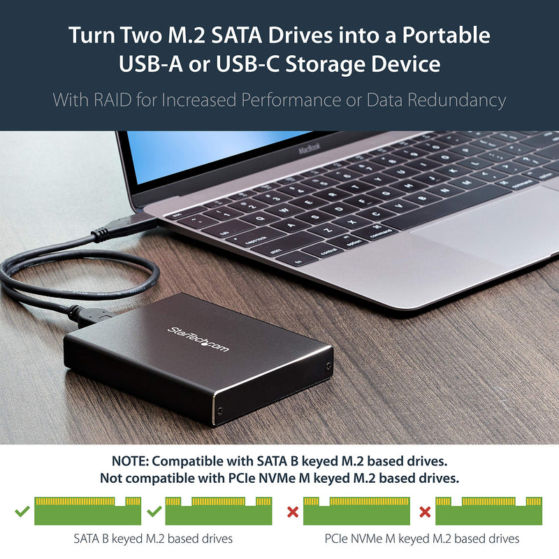 StarTech.com Dual-Slot Hard Drive Enclosure for M.2 SATA SSDs - USB 3.1 (10Gbps) - Aluminum - M.2 to SATA - Raid Drive Enclosure (SM22BU31C3R) USB-A & USB-C Dual M.2 SATA