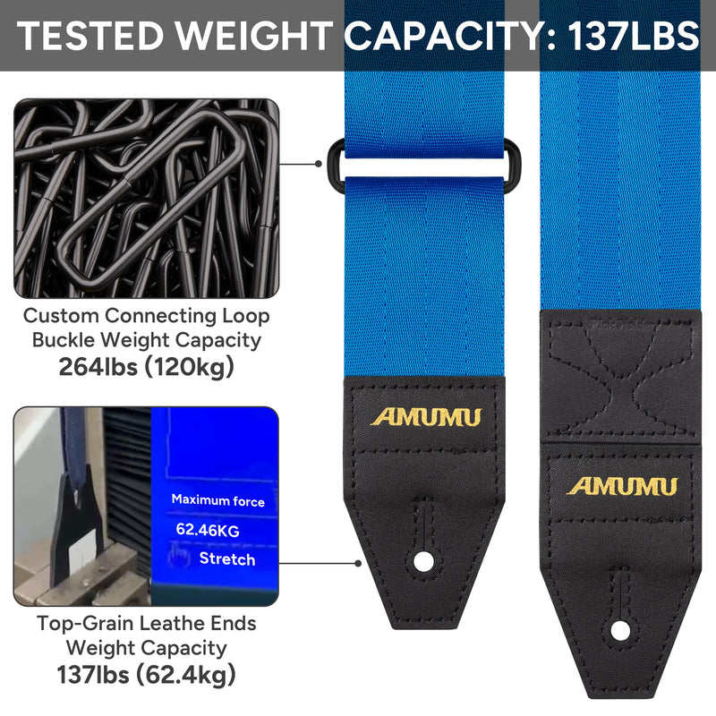 Amumu DURALINK Nylon Seatbelt Guitar Strap with Top Grain Leather Ends for Acoustic, Electric, Bass Guitar, with Quick-Fetch Pick Holder -Blue Blue