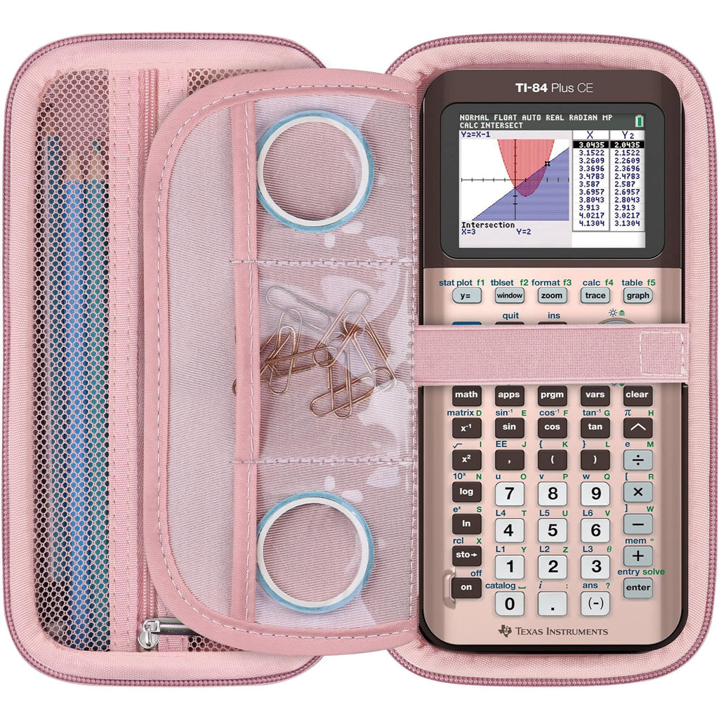 Hard Graphing Calculator Case for Texas Instruments TI-84 Plus CE/TI-84 Plus/TI-83 Plus CE Color Calculators, Protection Storage Bag with Extra Zipped Mesh Pocket for Cables, Pens, Ruler Rose Gold