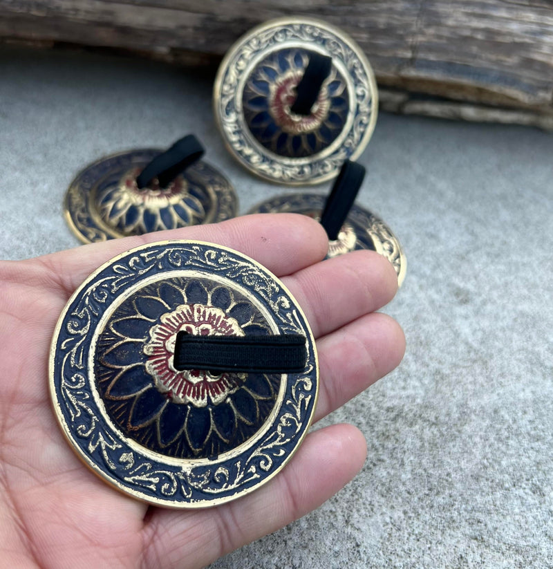 Belly Dancing Floral Lotus Pro Finger Zills Cymbals Hand Crafted Solid Brass Blue