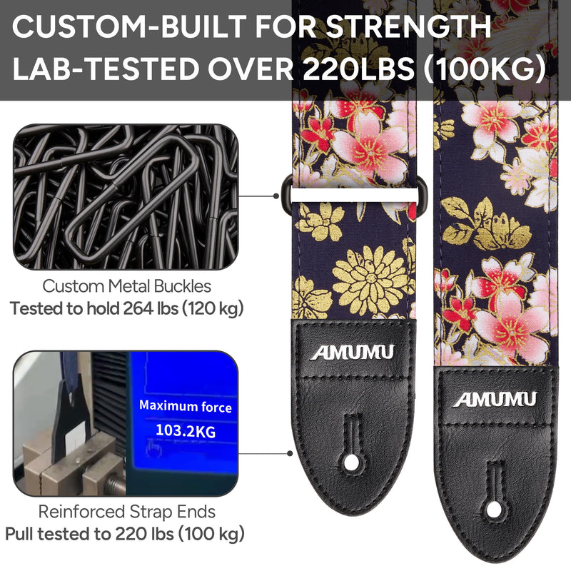 Amumu Guitar Strap – 2" Peony & Crane Pattern, Microfiber Leather Ends, for Acoustic, Electric, Bass Guitars, Adjustable 36" - 63" Peony Crane