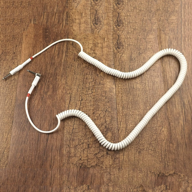 Premium Guitar Coil Cable 30 Feet, Instrument Coiled Curly Cord for Guitar Bass, 1/4 inch Right Angle to Straight, White 30' (White)
